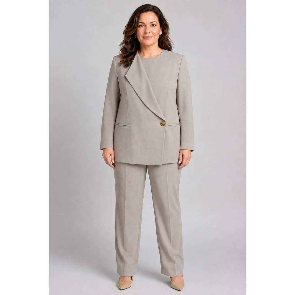 Vintage Oleg Cassini Women's 12 Beige 2 Piece Pant Suit Asymmetrical Blazer